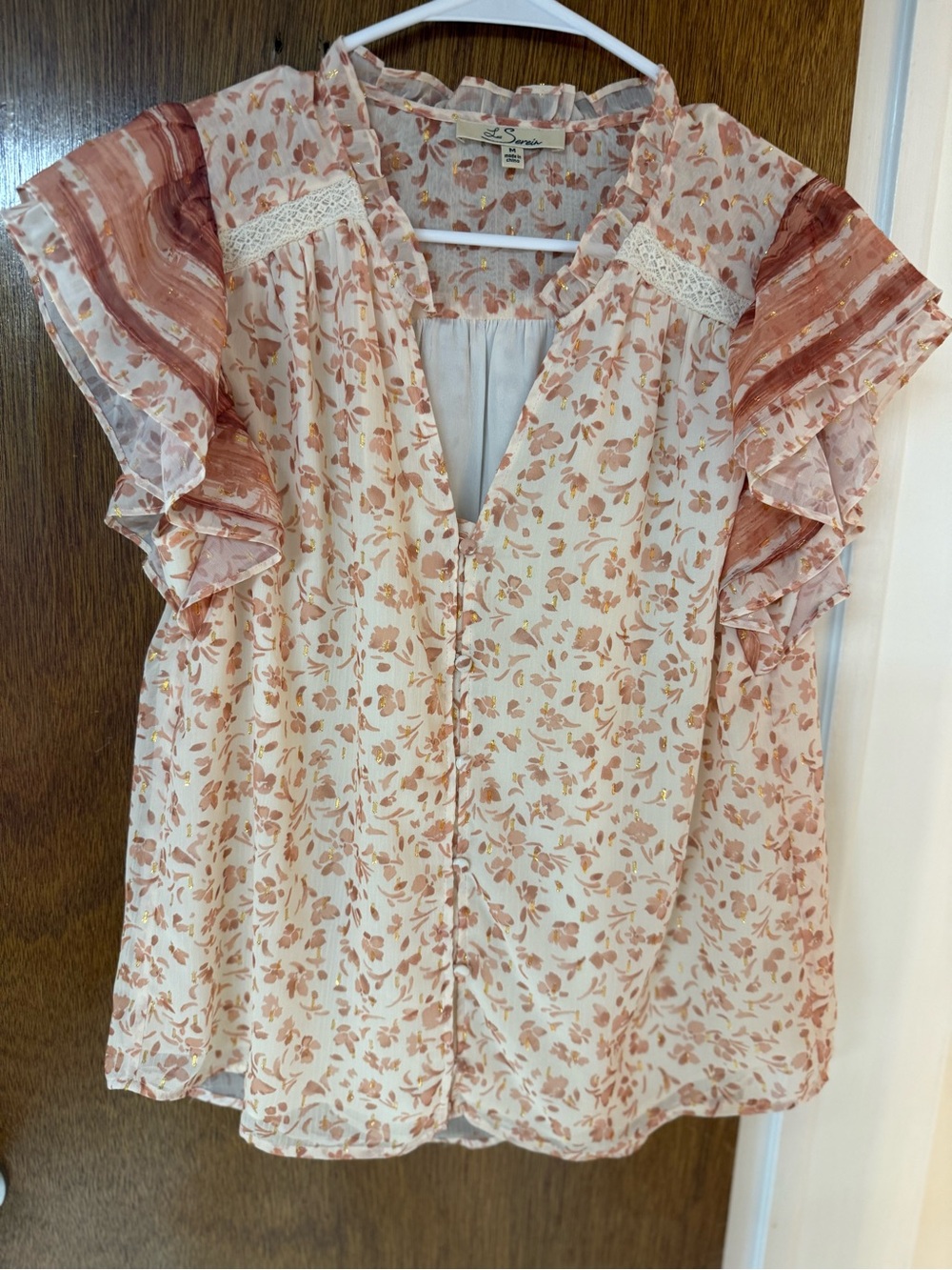Les Serein Stitch FixSundance Floral Ruffle Sleeve Blouse - Cream & Dusty Rose